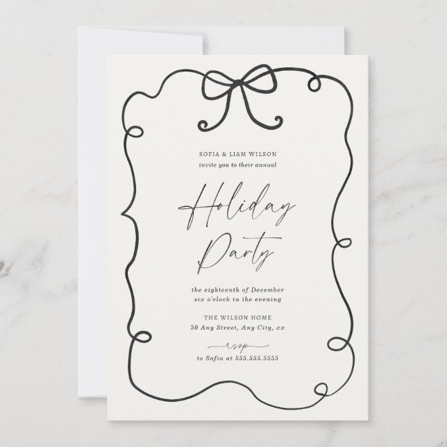 Hand Drawn Holiday Party Invitation Whimsical Bow (Front)
