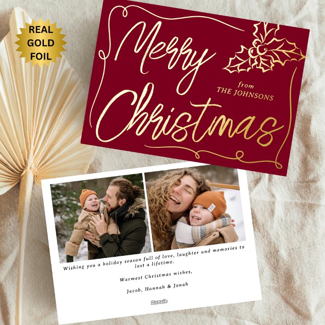 Hand Drawn Holly Berry Burgundy 2 Photo Christmas Foil Holiday Card (Creator Uploaded)