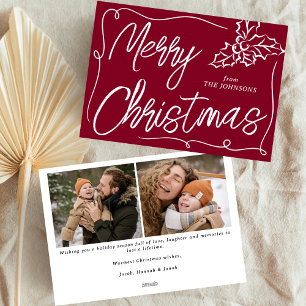 Hand Drawn Holly Berry Burgundy 2 Photo Christmas Holiday Card