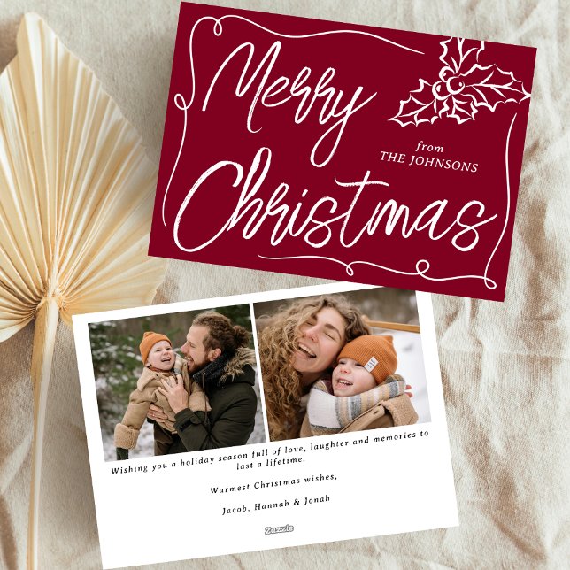 Hand Drawn Holly Berry Burgundy 2 Photo Christmas Holiday Card (Creator Uploaded)
