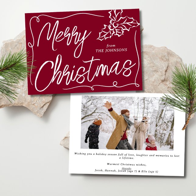 Hand Drawn Holly Berry Burgundy Photo Christmas Holiday Card (Creator Uploaded)