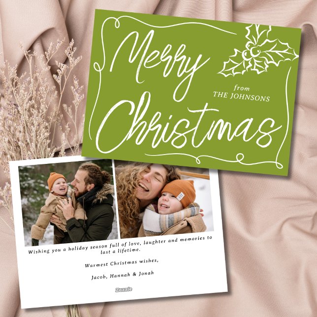 Hand Drawn Holly Berry Olive 2 Photo Christmas Holiday Card (Creator Uploaded)