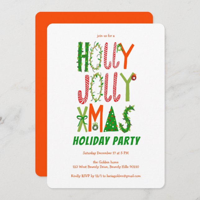 Hand Drawn Holly Jolly Christmas CUSTOM Holiday Invitation (Front/Back)