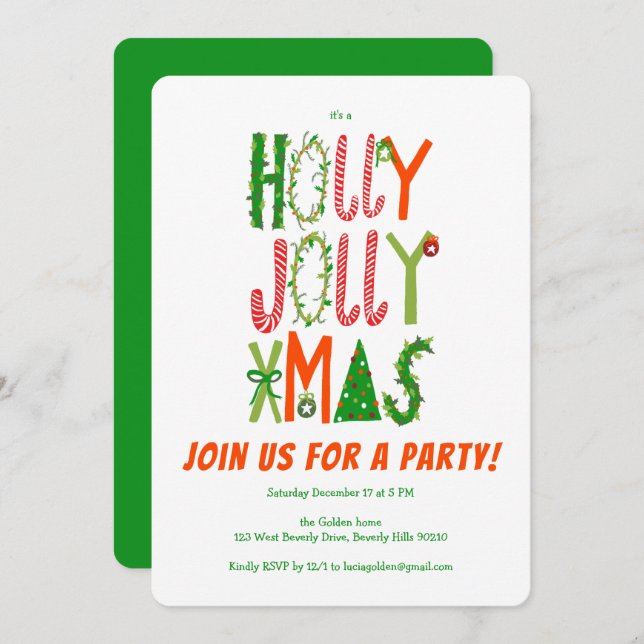 Hand Drawn Holly Jolly Christmas CUSTOM Holiday Invitation (Front/Back)