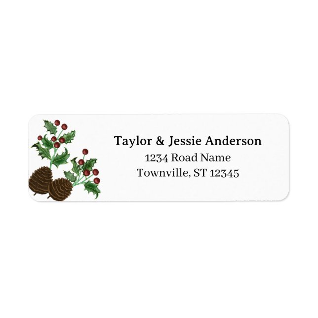 Hand Drawn Holly & Pine Cones Return Address Label (Front)