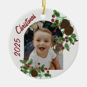 Hand Drawn Holly & Pinecones Christmas Photo Ceramic Tree Decoration