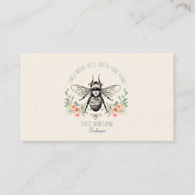 Hand Drawn Honey Bee Beekeeper Apiary Floral  Business Card (Front)