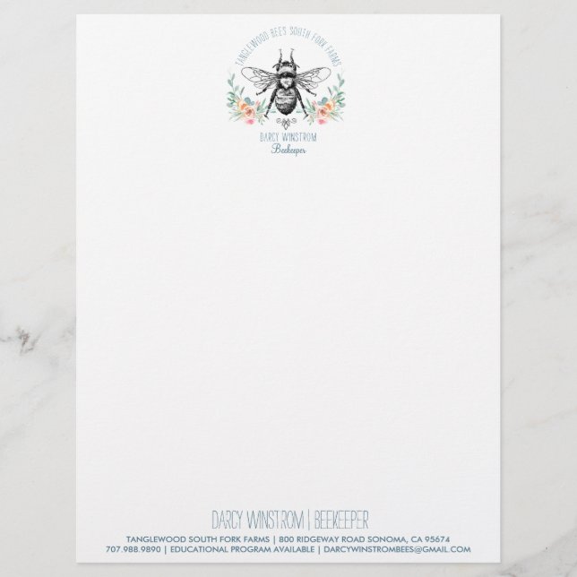 Hand Drawn Honey Bee Beekeeper Apiary Floral  Lett Custom Letterhead (Front)