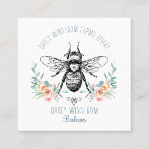 Hand Drawn Honey Bee Beekeeper Apiary Floral Square Business Card