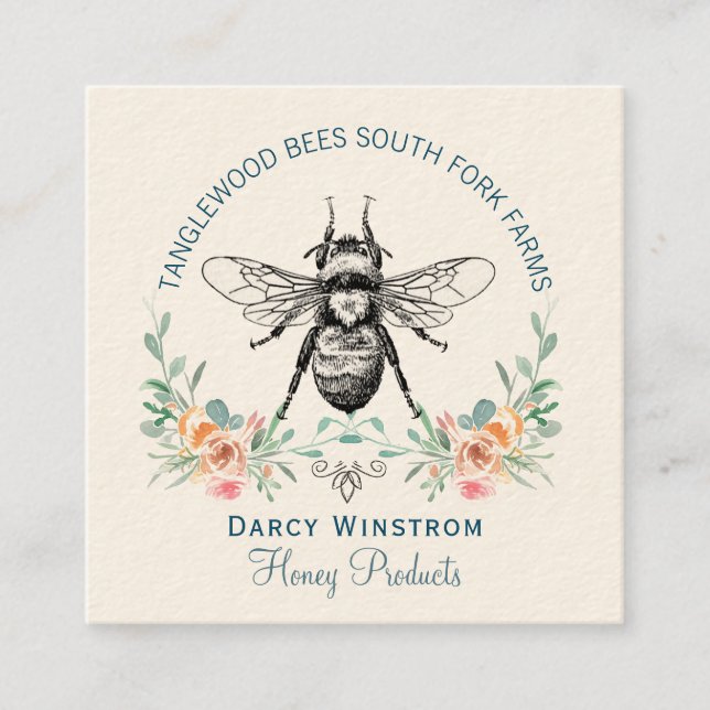 Hand Drawn Honey Bee Products Floral Square Business Card (Front)