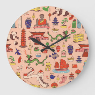 Hand-drawn Hong Kong motifs: seamless pattern Large Clock