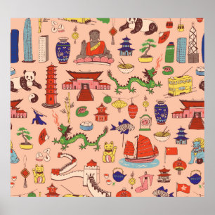 Hand-drawn Hong Kong motifs: seamless pattern Poster