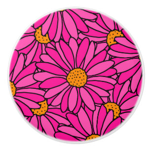 Hand Drawn Hot Pink & Orange Daisy Pattern Ceramic Knob