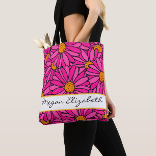 Hand Drawn Hot Pink & Orange Daisy Pattern Tote Bag