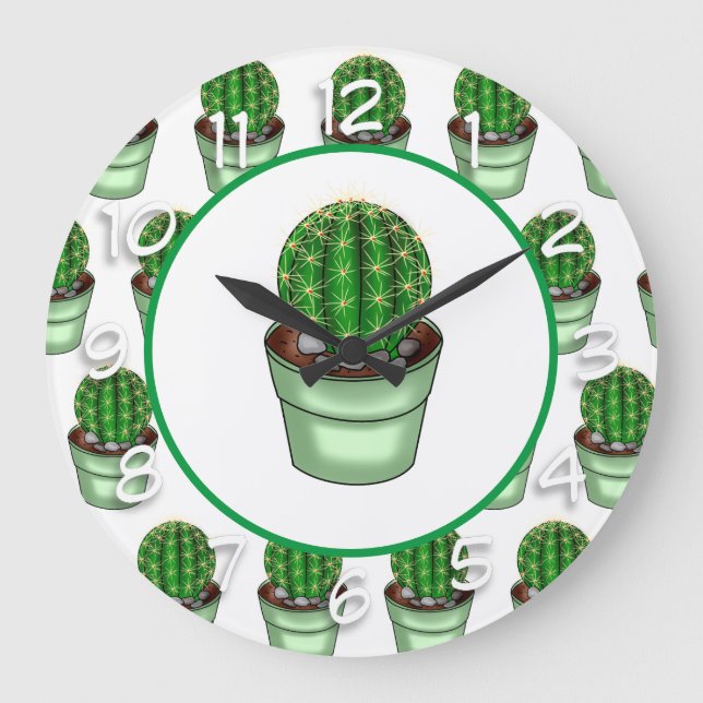 Hand drawn houseplant Cacti Large Clock (Front)