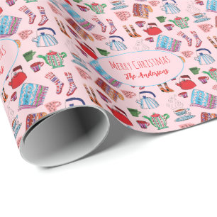 Hand-Drawn Hygge Christmas Cute Personalised Pink Wrapping Paper