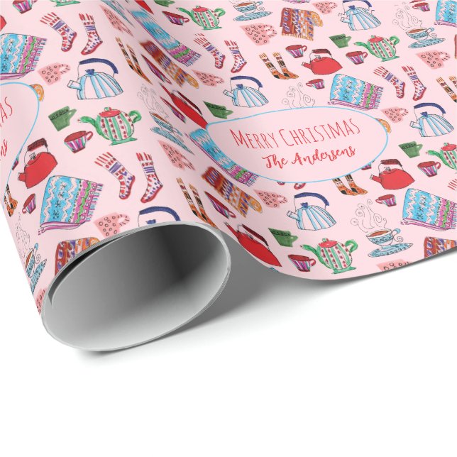Hand-Drawn Hygge Christmas Cute Personalised Pink Wrapping Paper (Roll Corner)