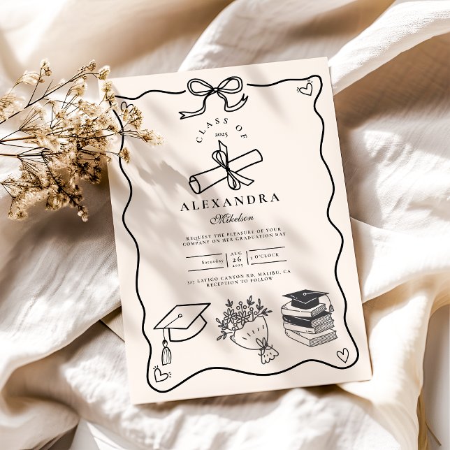 Hand Drawn Illustrated Black & White Grad Invitation (Creator Uploaded)