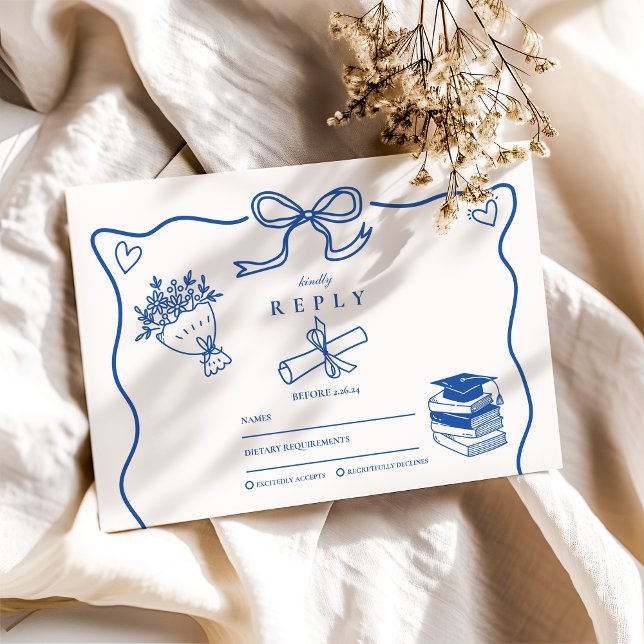 Hand Drawn Illustrated Blue Graduation Party RSVP Card (Creator Uploaded)