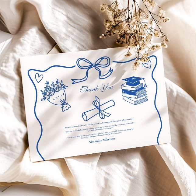Hand Drawn Illustrated Blue Graduation Party Thank You Card (Creator Uploaded)