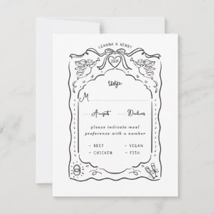 Hand Drawn Illustrated Ink Cherub Hearts Ribbons RSVP Card