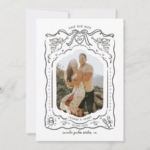 Hand Drawn Illustrated Ink Cherub Hearts Ribbons Save The Date