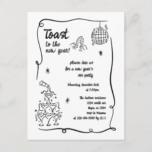 Hand Drawn Illustrated New Years Eve Party Holiday Postcard