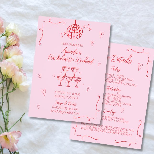Hand Drawn Illustrated Pink & Red Bachelorette Invitation (Hand Drawn Illustrated Pink & Red Bachelorette Invitation Bachelorette Weekend Itinerary)