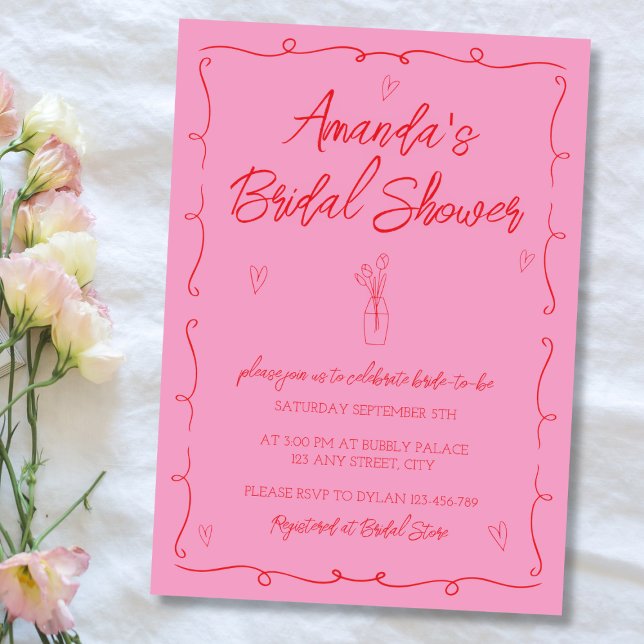 Hand Drawn Illustrated Pink & Red Bridal Shower Invitation (Hand Drawn Illustrated Pink & Red Bridal Shower Invitation)