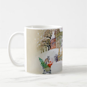 Hand drawn illustration with winter landscape and coffee mug