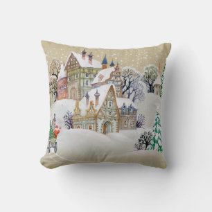 Hand drawn illustration with winter landscape and cushion