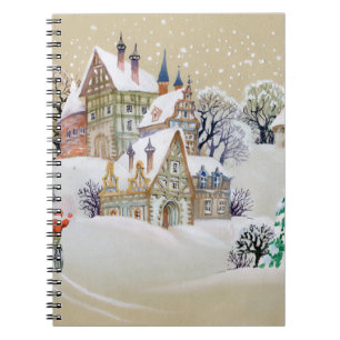 Hand drawn illustration with winter landscape and notebook