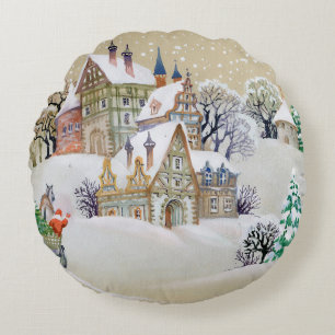 Hand drawn illustration with winter landscape and  round cushion