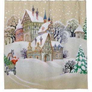 Hand drawn illustration with winter landscape and  shower curtain