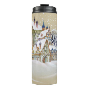 Hand drawn illustration with winter landscape and thermal tumbler