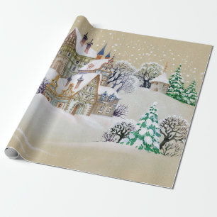 Hand drawn illustration with winter landscape and  wrapping paper