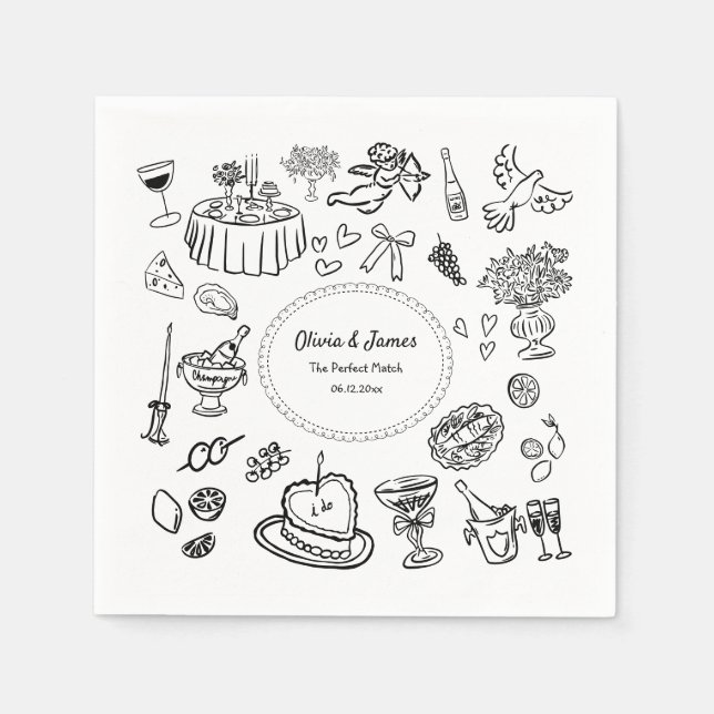 Hand Drawn Illustrations, Bar Cocktail Wedding  Napkin (Front)
