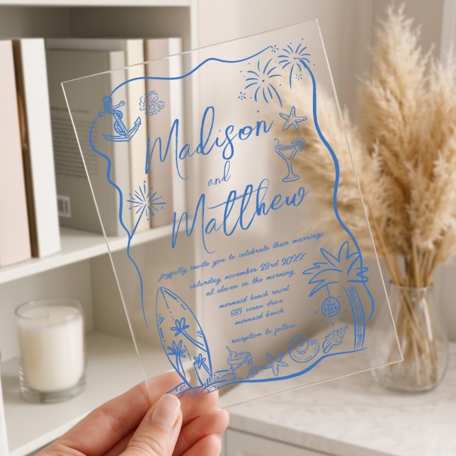 Hand Drawn Illustrations Doodles Beach Wedding  Acrylic Invitations (Creator Uploaded)