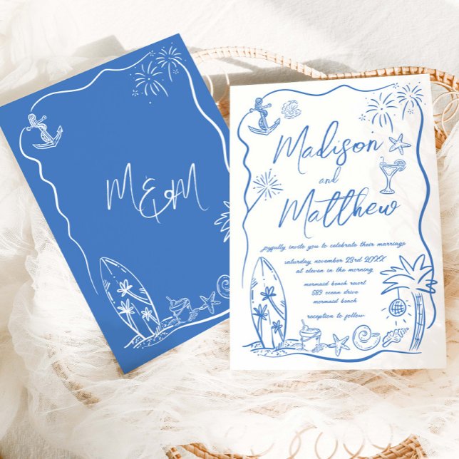 Hand Drawn Illustrations Doodles Beach Wedding  Invitation (Creator Uploaded)