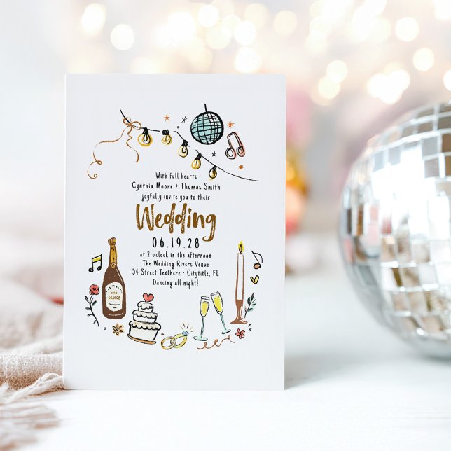 Hand Drawn Illustrations Doodles Funky Wedding Invitation (Whimsical Funky Hand Drawn Illustrated Disco Wedding Invitation)