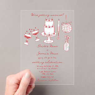Hand Drawn Illustrations Doodles Maroon Wedding Acrylic Invitations