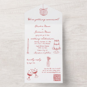 Hand Drawn Illustrations Doodles Maroon Wedding All In One Invitation