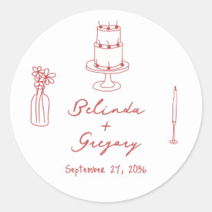Hand Drawn Illustrations Doodles Maroon Wedding Classic Round Sticker
