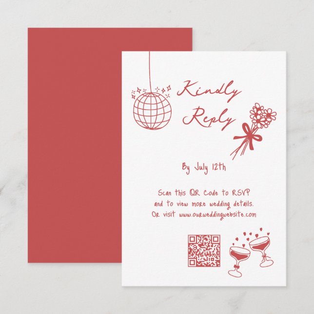 Hand Drawn Illustrations Doodles Maroon Wedding Enclosure Card (Front/Back)