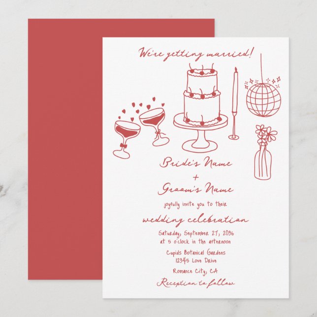 Hand Drawn Illustrations Doodles Maroon Wedding Invitation (Front/Back)