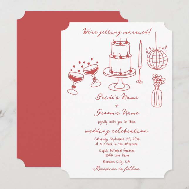 Hand Drawn Illustrations Doodles Maroon Wedding Invitation (Front/Back)