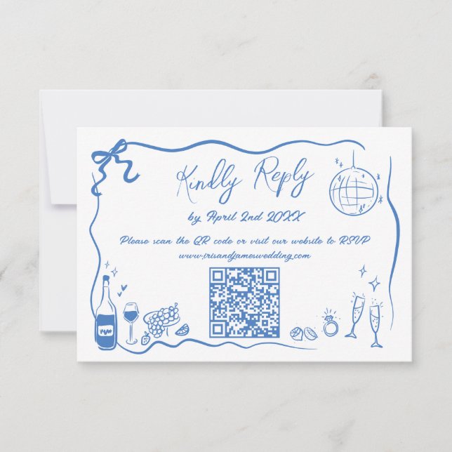 Hand Drawn Illustrations Doodles Wedding QR Code RSVP Card (Front)