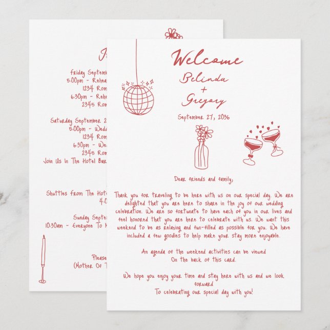 Hand Drawn Illustrations Maroon Wedding Itinerary (Front/Back)