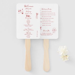 Hand Drawn Illustrations Maroon Wedding Program Hand Fan