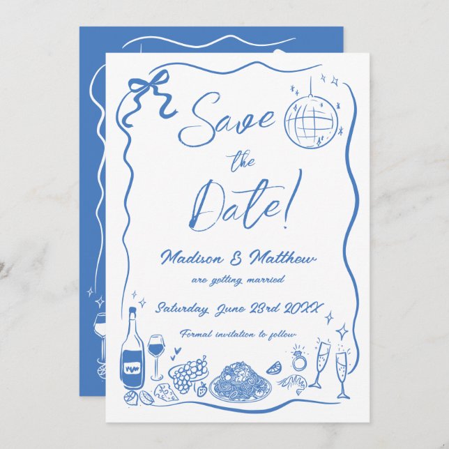Hand Drawn Illustrations Scribble Doodles Wedding  Save The Date (Front/Back)